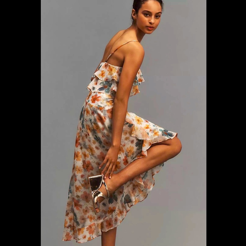 By Anthropologie Sleeveless
Asymmetric Ruffled Midi Dress.
Size M